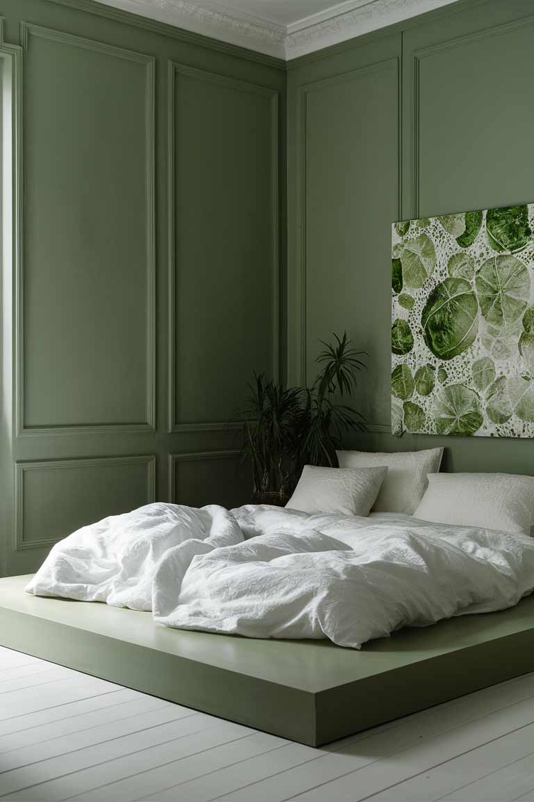 A serene tiny bedroom with sage green walls and white furniture. A low platform bed with white bedding is the focal point. Simple green and white abstract art hangs on the wall, and a single potted plant adds life to the minimalist space.