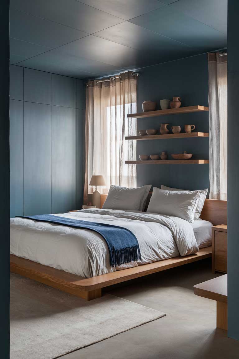 A bedroom with steel blue walls and natural wood accents. A bed with crisp white bedding and a deep blue throw is centered in the frame. Wooden floating shelves displaying simple pottery pieces are visible on one wall.