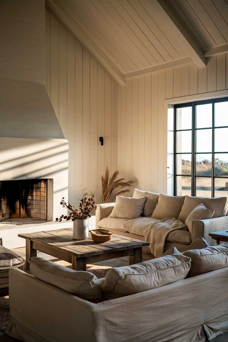 A serene and modern living room showcasing a minimalist farmhouse design. The room features a cozy beige sofa, a rustic wooden coffee table, and a large, white fireplace. The walls are a soft cream color, and the room is illuminated by natural light streaming in through a large window. The overall ambiance is warm and inviting, with a touch of rustic eleganc