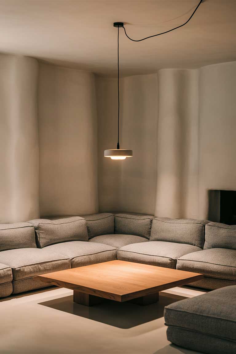 A minimalist living room with smooth white walls and a low, gray sectional sofa. A single bare pendant light with a matte black cord hangs from the ceiling, suspended over a sleek, wood coffee table.