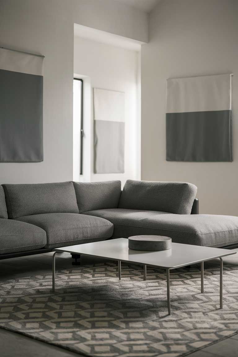  A minimalist living room with a gray sectional, a simple white coffee table, a gray-and-white geometric rug, and minimalist art in shades of gray and white.