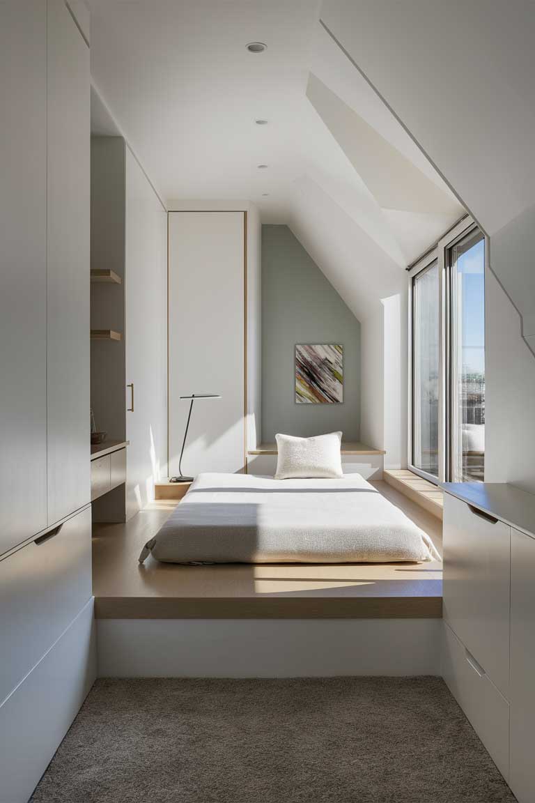 A sleek, minimalist tiny house bedroom. The walls are painted in a crisp white, with one accent wall in a soft gray. The bed has a low platform frame in light wood, dressed in simple white linens with a single accent pillow. A slim bedside table holds a modern lamp with clean lines. The room features built-in storage with handleless drawers to maintain the streamlined look. A large window provides natural light, and a single piece of abstract art adds a pop of color to the space.