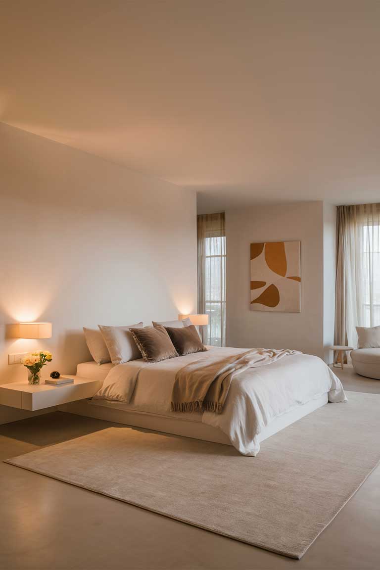 A minimalist bedroom with a large empty wall space. The wall is painted in a soft, warm white color. A simple bed with white linens is centered beneath the empty wall, and a small piece of abstract art hangs on the adjacent wall. The empty space creates a sense of calm and spaciousness.