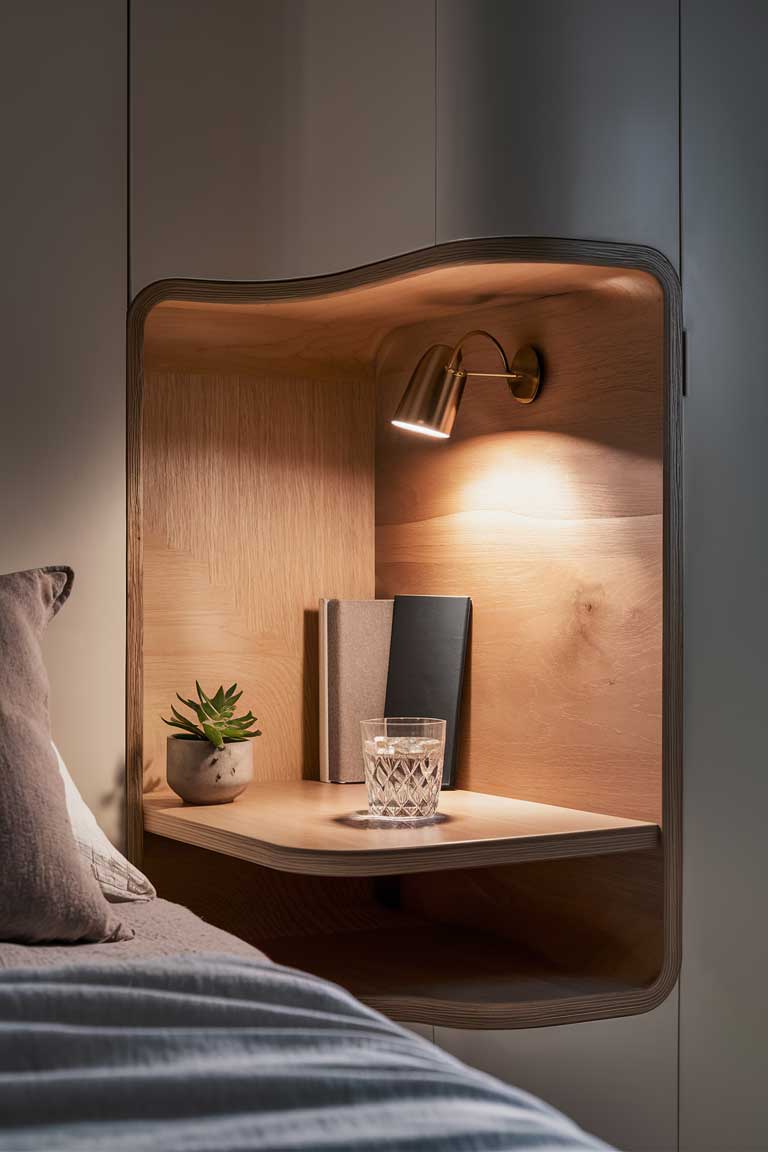 A detailed view of a built-in bedside nook next to a low platform bed. The nook is constructed of light wood and features a small shelf for a book and a glass of water, with a built-in reading light above. The design is sleek and seamlessly integrated into the wall.