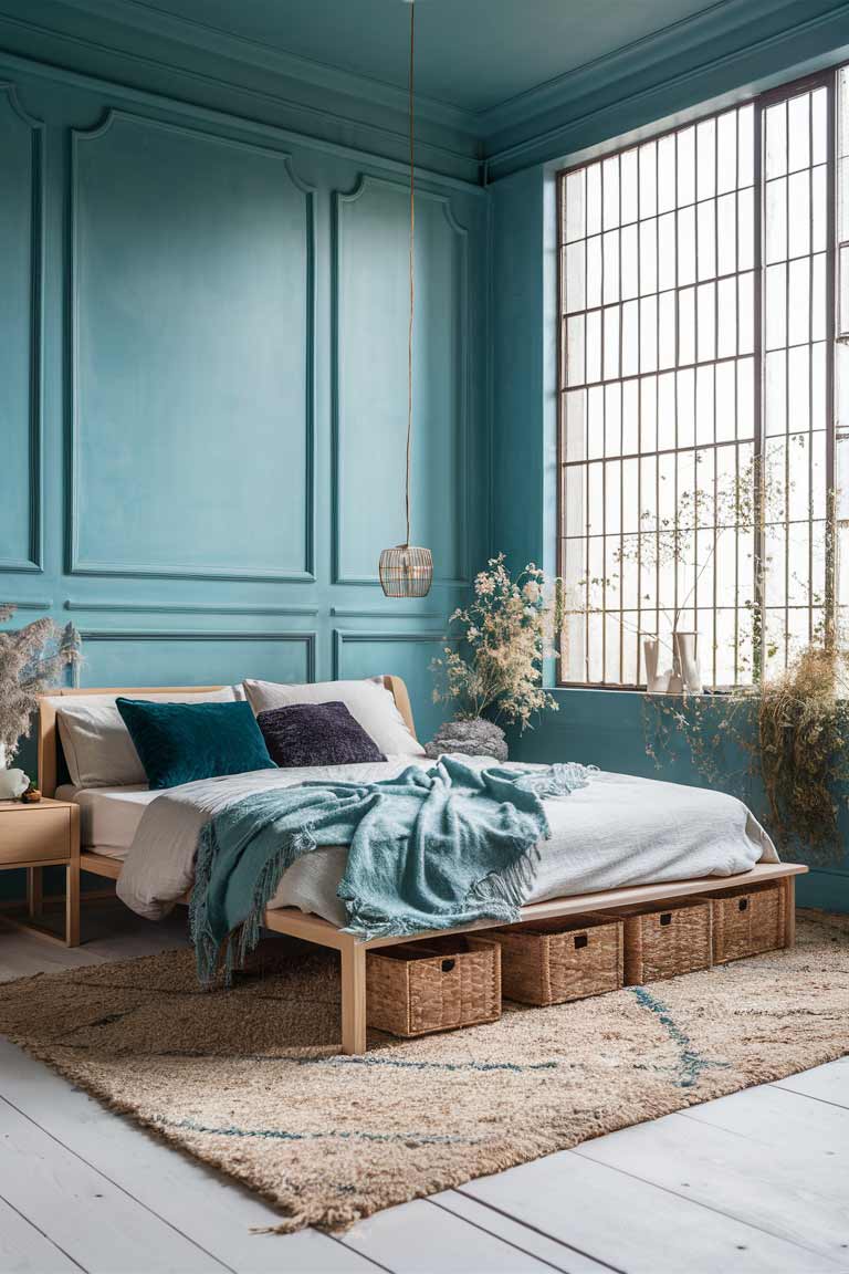 A bedroom with soft teal blue walls and minimalist light wooden furnishings. The bed features white bedding with teal and indigo cushions. Woven baskets for storage are visible under the bed, and a large window lets in plenty of natural light.