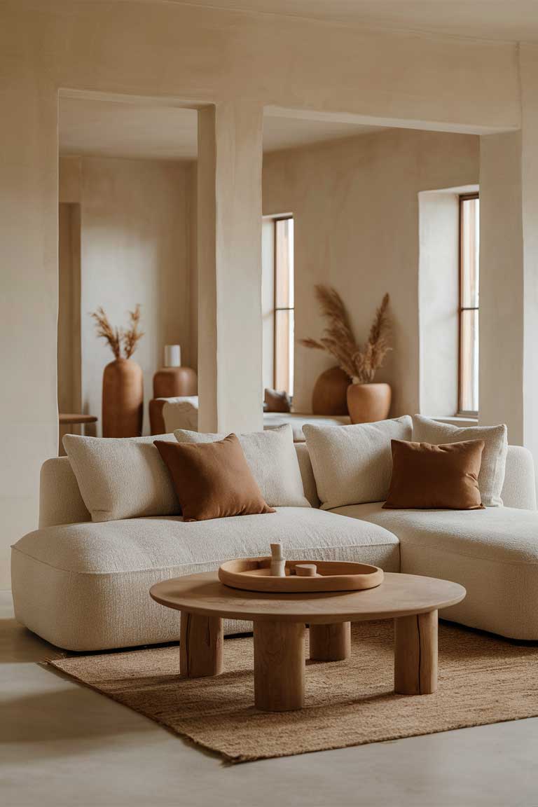 A minimalist living room with a beige sectional sofa, a wooden coffee table, a neutral-colored rug, and warm-toned elegant decor pieces in shades of beige and brown.