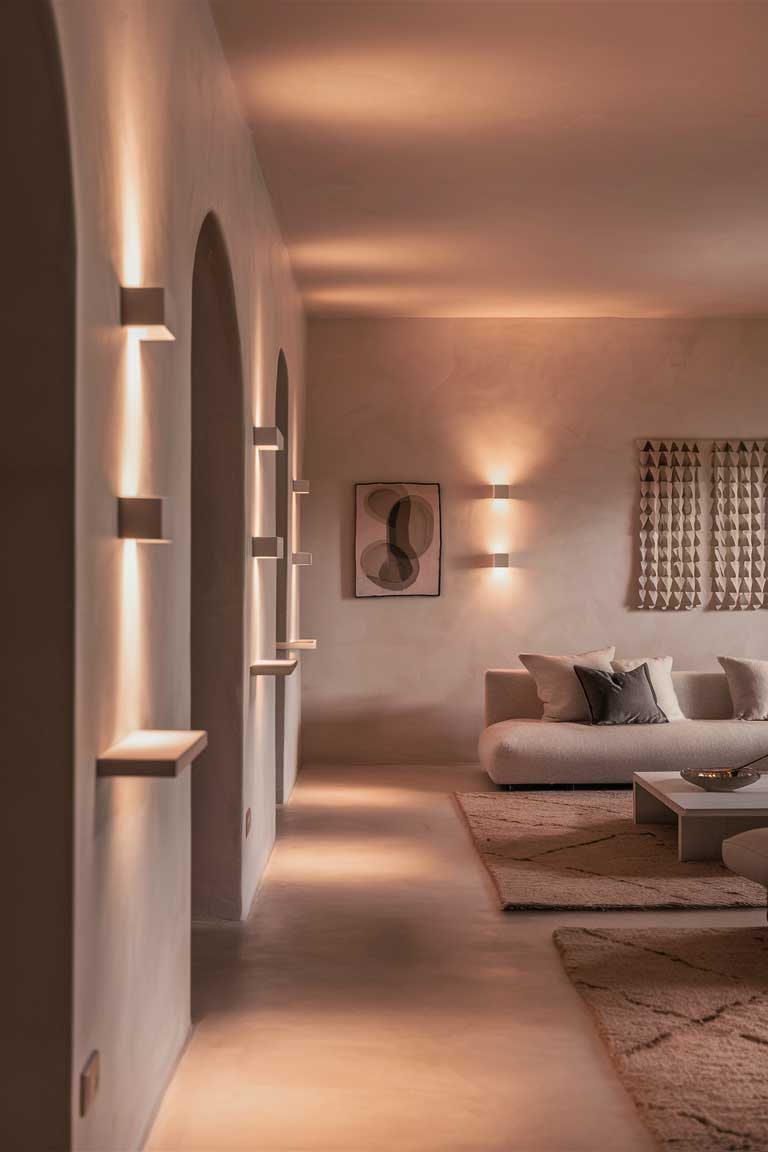 A minimalist living room featuring in-wall lighting fixtures that are flush with the surface. The lights cast a warm, even glow along the walls, highlighting the room's clean lines and simple decor.