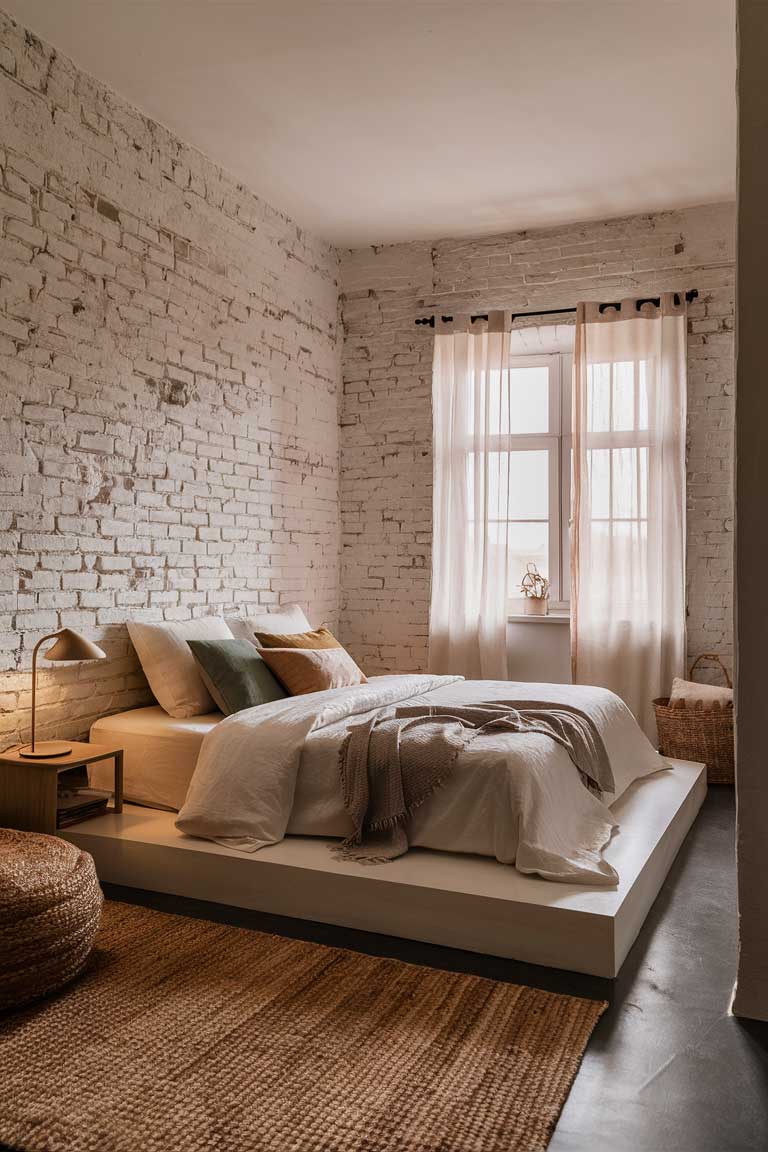 A bedroom with an exposed brick wall painted in white, serving as a textured backdrop for a simple platform bed. The brick adds character and depth to the otherwise minimalist space.