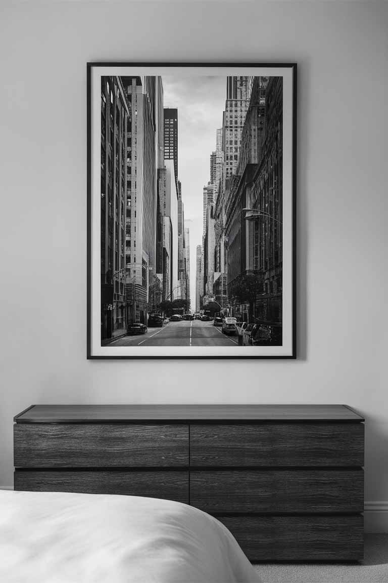 A minimalist bedroom wall featuring a large, black and white photograph of a cityscape. The image is in a simple black frame, hanging above a low, wooden dresser with clean lines.