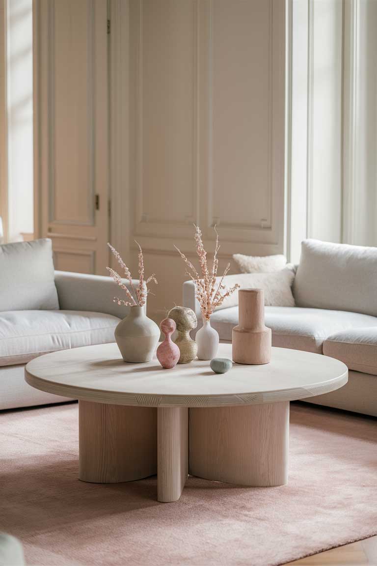 A minimalist living room with a round, light wood coffee table holding a few pastel-colored decorative items. The room features white walls, a light gray sofa, and a soft blush rug.