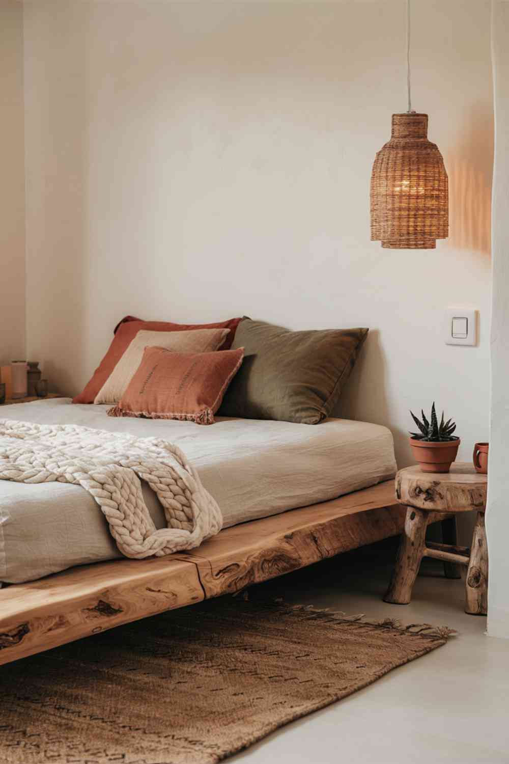 A minimalist boho bedroom featuring a low wooden platform bed. The bed frame is made of light-colored wood with clean, simple lines. The mattress sits directly on the platform with no headboard. The bedding is white with a textured cream throw and a few earth-toned pillows. A rattan pendant light hangs above, and a simple jute rug is placed underneath the bed.