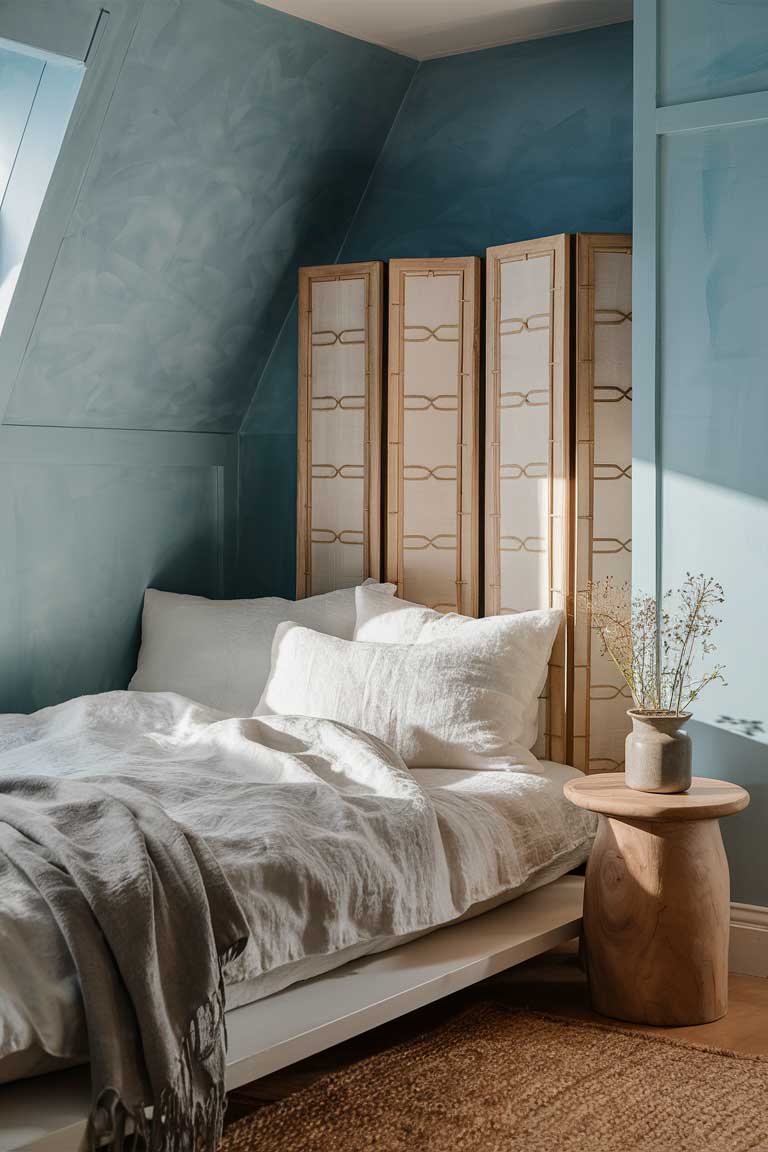 A close-up of a bedroom corner featuring sky blue walls, a white futon bed with light linen bedding, and a natural wood side table. A paper screen partition is visible in the background, and soft natural light filters through, creating a tranquil ambiance.