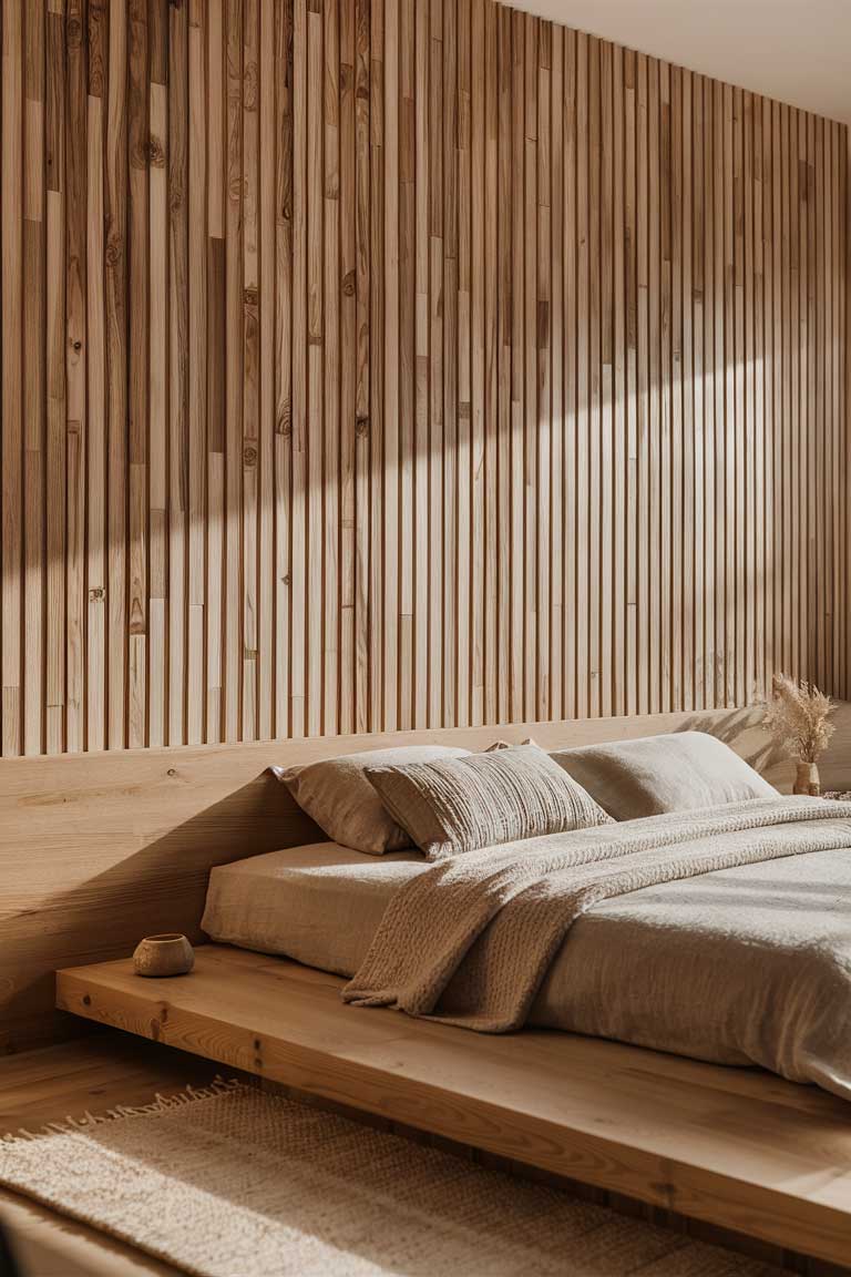 A bedroom wall featuring vertical wood slats in a light, natural finish. The slats extend from floor to ceiling, creating a textured backdrop for a low platform bed. Soft lighting casts gentle shadows, emphasizing the wood's natural grain.