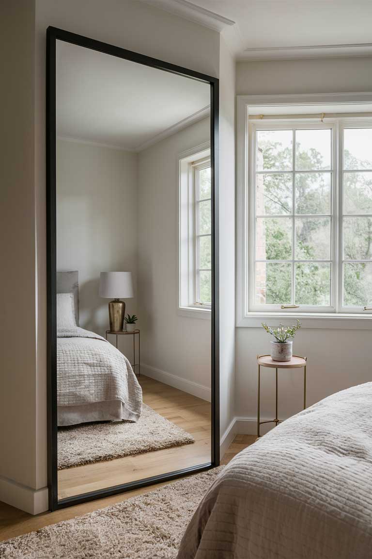 A strategically placed full-length mirror in a bedroom corner, reflecting light from the window and visually doubling the perceived size of the room. The mirror has a thin, black frame that contrasts nicely with the light walls.