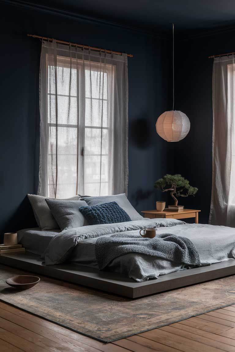 A bedroom with midnight blue walls and wooden floors. The bed features light gray bedding with indigo accents. A paper lantern hangs low from the ceiling, casting a soft glow. A small bonsai tree sits on a simple wooden nightstand.