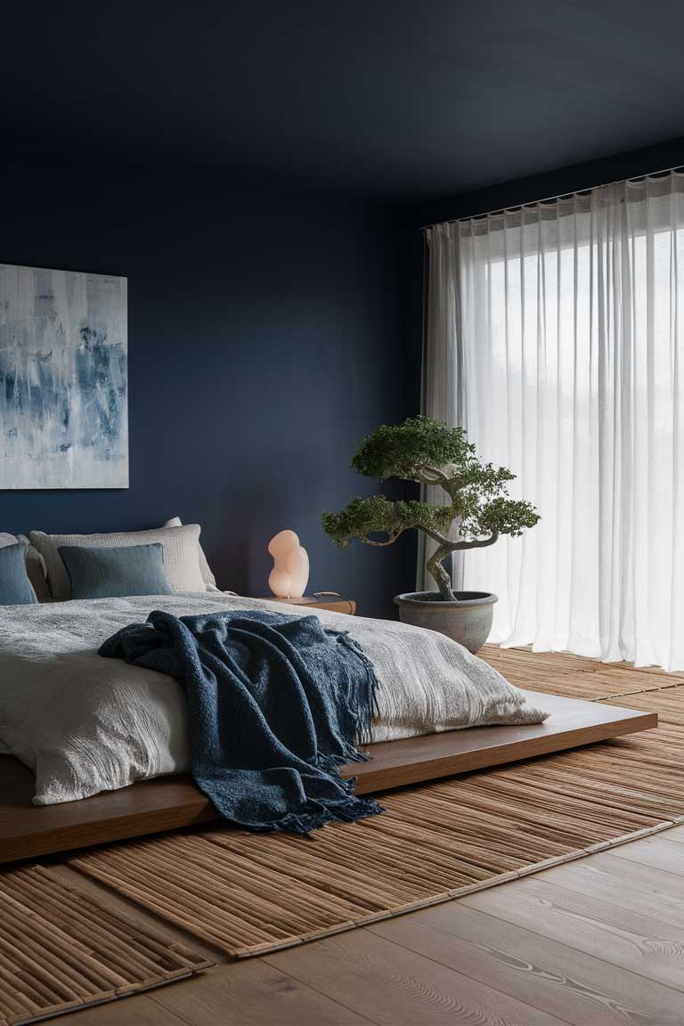 A bedroom with navy blue walls and a low wooden platform bed with crisp white bedding and blue-gray throw pillows. Natural bamboo floor mats cover the floor, and a potted bonsai tree sits on a minimalist wooden side table.