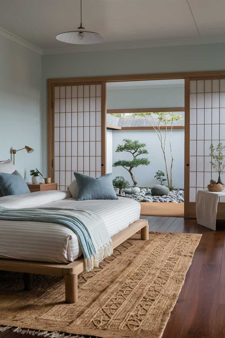 A bedroom with light blue walls and sandy beige furniture. A futon-style bed with white and blue striped linens is the focal point. A handmade woven rug adds texture to the wooden floor, and shoji doors open to reveal a small zen garden outside.