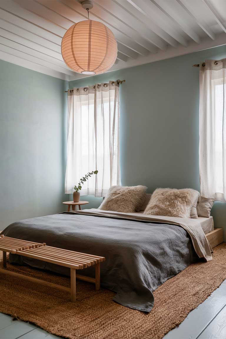 A bedroom with powder blue walls, featuring a low wooden bed frame with a charcoal-gray bedspread. A large paper lantern hangs above the bed, casting a warm glow. The room is sparsely decorated with a few carefully chosen pieces of wooden furniture.