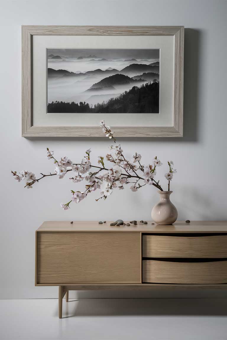 A serene black and white photograph of a misty mountain landscape, framed simply in light wood and hanging above a low wooden credenza. A single ceramic vase with a branch of cherry blossoms sits on the credenza, echoing the natural theme of the artwork.