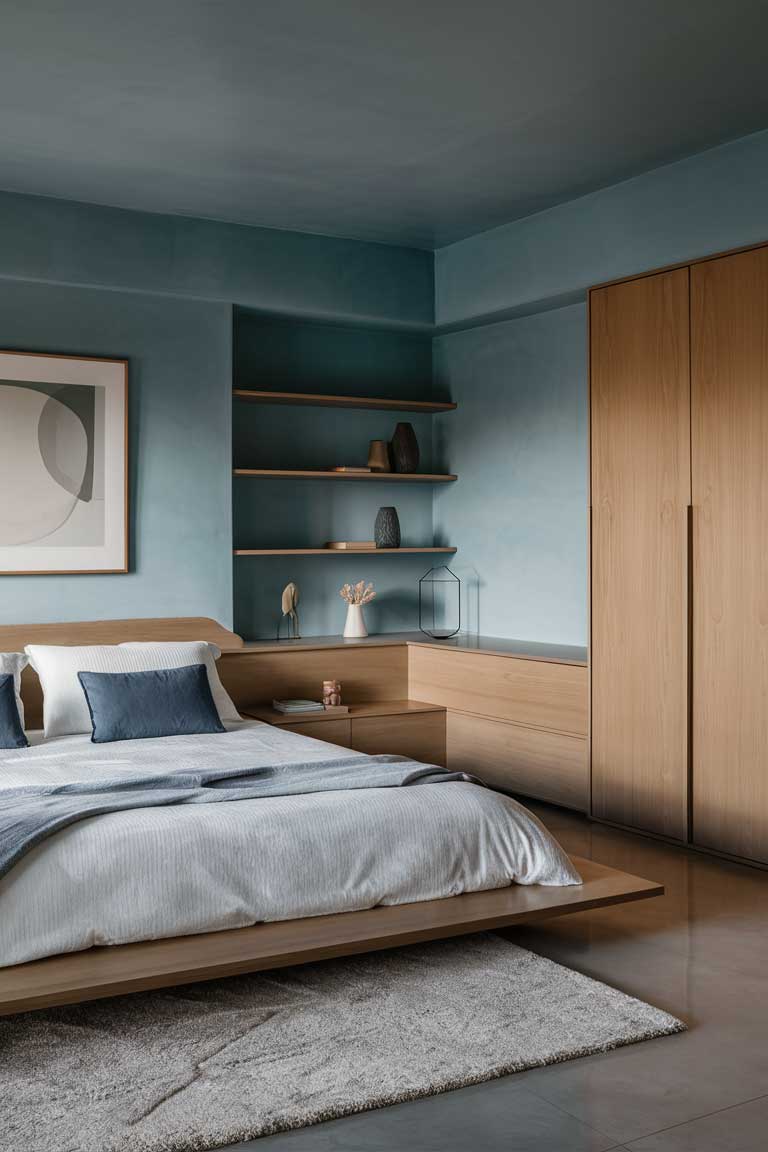 A bedroom featuring a low wooden platform bed with simple white bedding. A minimalist wooden wardrobe stands against one wall, and floating shelves display a few carefully chosen decorative items. The room is sparsely furnished but feels complete and intentional.