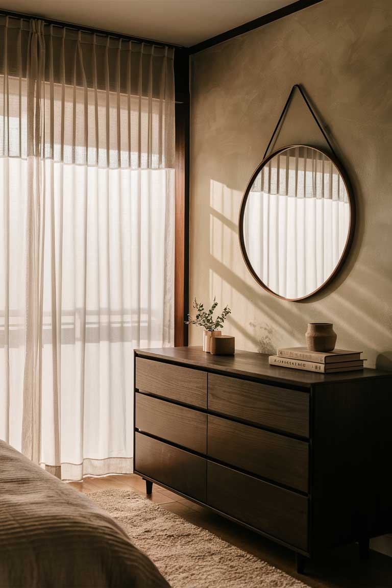 A corner of a Japandi bedroom with a large window covered in sheer white curtains. Soft natural light filters through, illuminating a dark wood dresser below. A round mirror hangs above the dresser, reflecting the light and making the space feel more open.