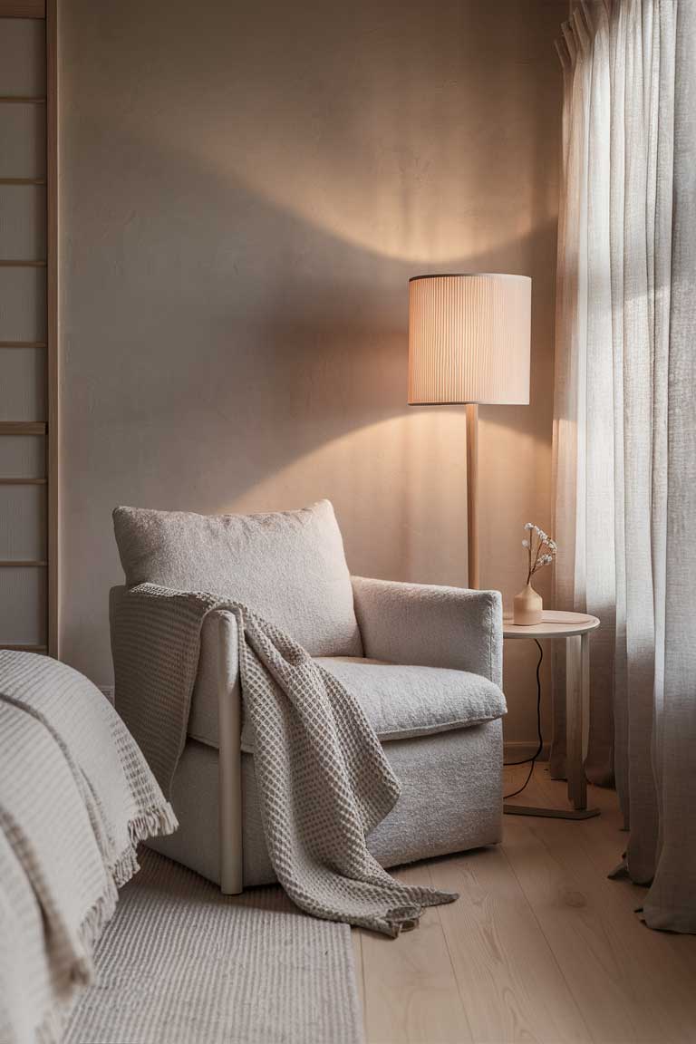 A corner of a japandi bedroom with a comfortable reading chair. A light grey waffle-weave cotton throw is draped casually over the arm of the chair. Next to it, a floor lamp with a paper shade provides soft lighting.