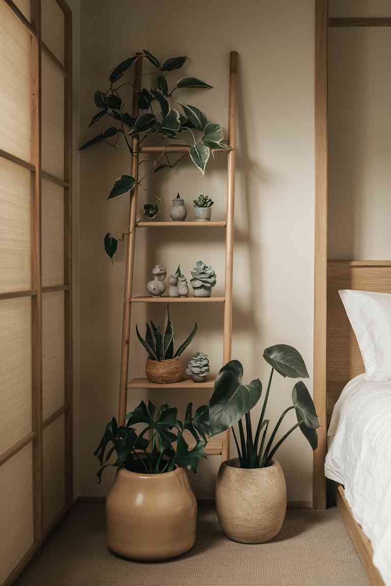 A corner of a Japandi-style bedroom featuring a creative plant display. A tall, minimalist ladder shelf leans against the wall, showcasing a variety of plants at different heights. On the top shelf, a trailing pothos cascades down, while mid-shelves feature small succulents and a medium-sized snake plant. At the base, a large ceramic pot holds a statement Monstera plant. The background shows neutral-toned walls and a glimpse of a low wooden bed with crisp linens.