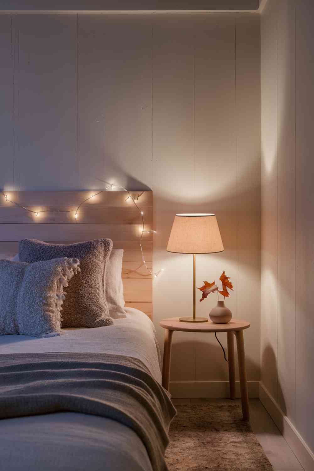 A corner of a minimalist bedroom at dusk. The bed has a simple wooden headboard, and delicate string lights are draped over it, creating a warm, twinkling glow. On the bedside table, there's a modern lamp with a fabric shade in a warm, creamy color. The lamp is turned on, casting a soft, diffused light. The walls are painted in a light, warm gray, and the overall lighting creates a cozy, inviting atmosphere perfect for autumn evenings.