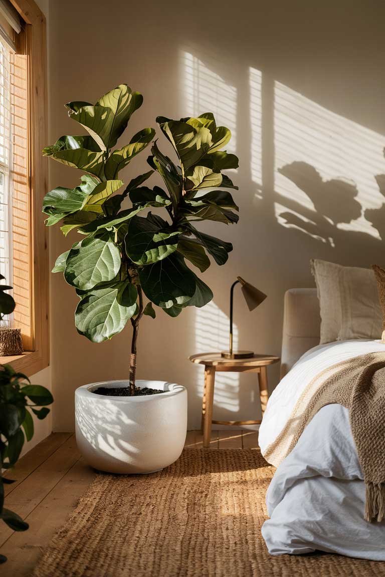 A corner of a bedroom featuring a large Fiddle Leaf Fig plant in a simple white ceramic pot. The plant's glossy green leaves contrast beautifully with the room's neutral palette. Soft morning light filters through the leaves, casting delicate shadows on the pale wall behind.