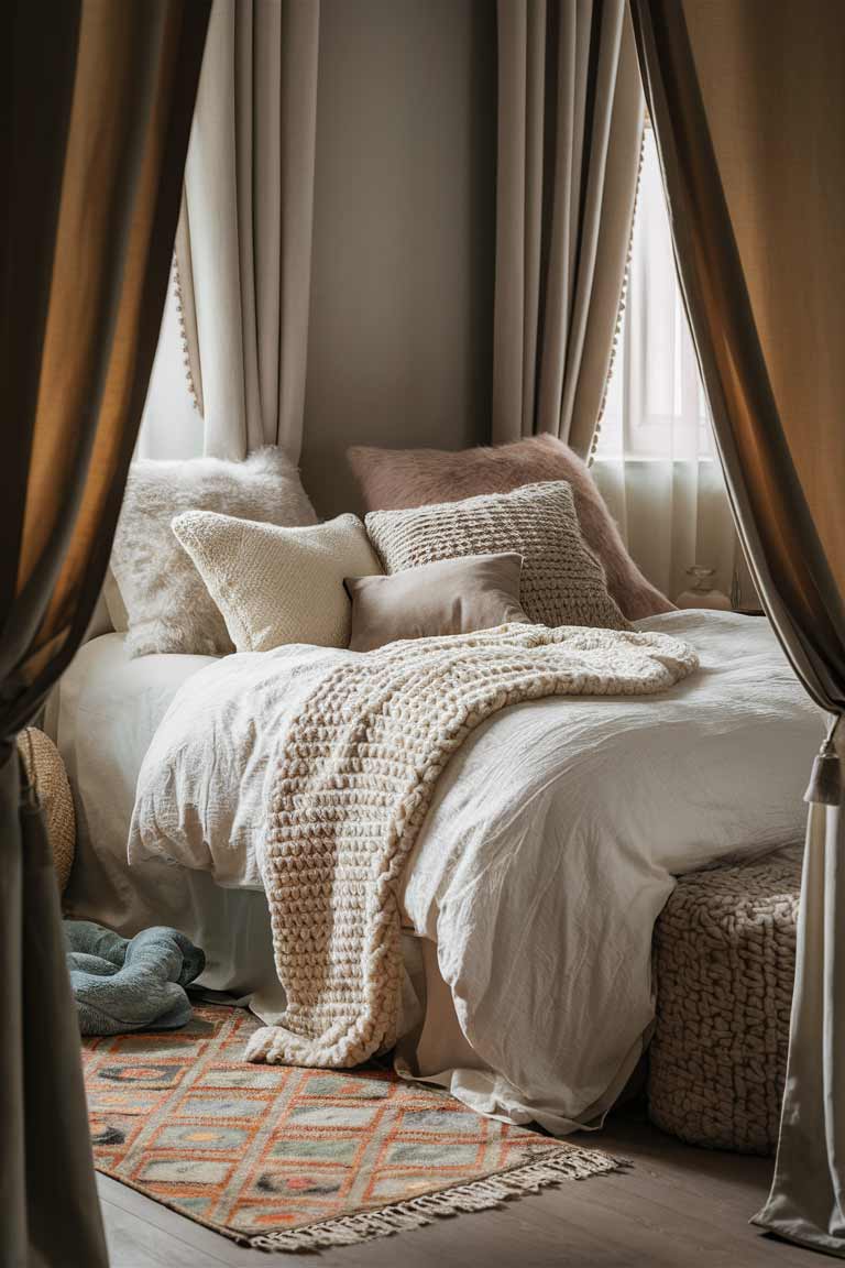 A cozy tiny house bedroom with layers of soft textiles. The bed is dressed in multiple layers - a fluffy duvet, a chunky knit throw, and an assortment of pillows in various textures and complementary colors. A small, plush area rug sits beside the bed. Curtains in a soft, flowing fabric frame the window. The overall effect is warm, inviting, and luxuriously comfortable.