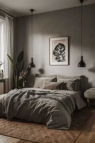 A serene, cozy minimalist tiny house bedroom.