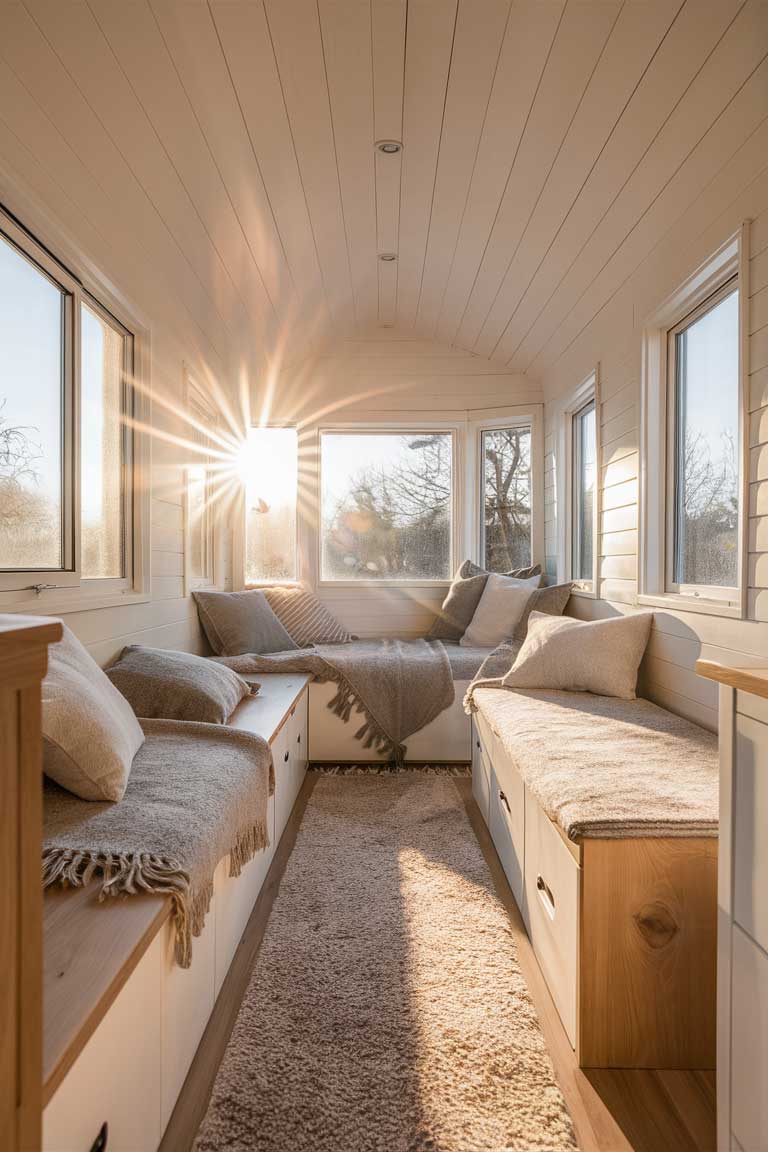 A cozy tiny house interior bathed in natural light, featuring a neutral color palette of white walls, light wood accents, and soft gray textiles.