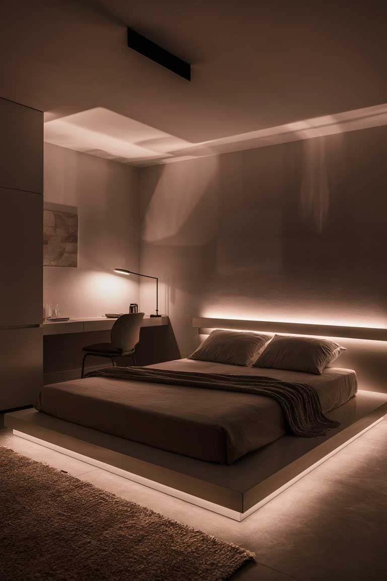 A nighttime shot of a minimalist bedroom featuring a modern ceiling light providing ambient illumination, a sleek desk lamp for task lighting, and LED strips behind the headboard creating a soft glow.