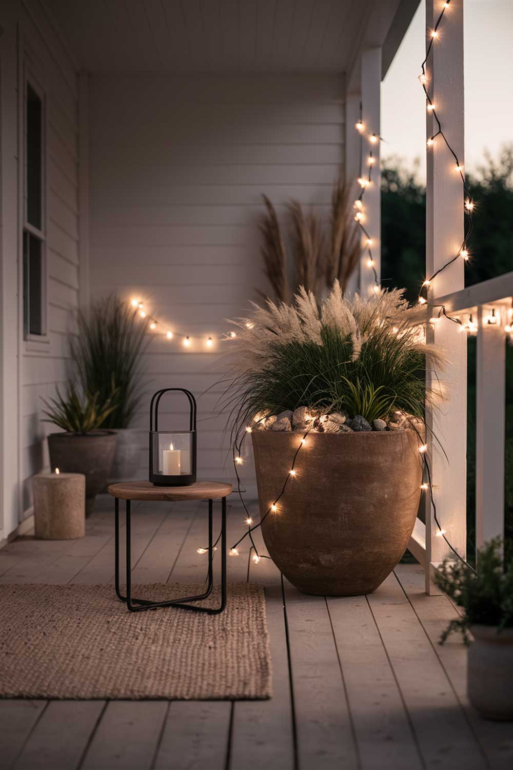 A dusk shot of a minimalist porch with warm white string lights softly illuminating the space. They're draped along the porch railing and tucked into a large planter filled with ornamental grasses. A sleek, black metal lantern with an LED candle sits on a simple side table, casting a gentle glow.