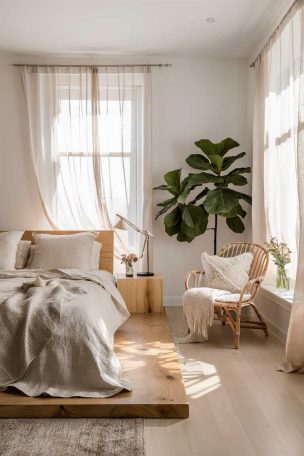 A serene bedroom with a low wooden platform bed, neutral linen bedding, and a large fiddle leaf fig plant in the corner. Natural light streams through sheer curtains, illuminating the light wood floors and white walls. A rattan chair sits in the corner with a soft throw blanket.