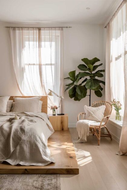 19 Nature-Inspired Japandi Bedroom Ideas for a Calming Home 24 A serene bedroom with a low wooden platform bed, neutral linen bedding, and a large fiddle leaf fig plant in the corner. Natural light streams through sheer curtains, illuminating the light wood floors and white walls. A rattan chair sits in the corner with a soft throw blanket.