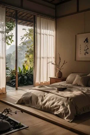 A serene Japandi bedroom bathed in soft, early morning light. The low platform bed is neatly made with layers of linen in soft, neutral tones. A large window frames a view of nature outside, blurring the lines between indoors and outdoors. Minimal decor adorns the space - a simple piece of calligraphy art, a ceramic vase with a single branch, and a small zen garden on a low table. The room exudes a sense of calm and balance, perfectly encapsulating the Japandi aesthetic. It feels like a peaceful sanctuary, inviting relaxation and mindfulness.