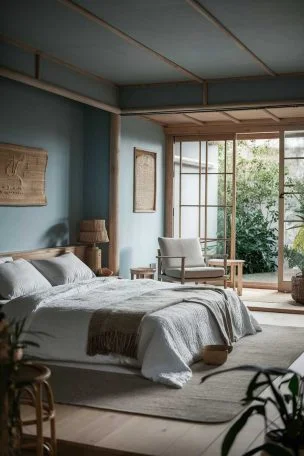A serene Japandi bedroom with soft blue walls and natural wooden accents. Low-profile bed with minimalist white bedding, and woven rattan elements like a bedside lamp and wall art. Add large, floor-to-ceiling windows showcasing a tranquil garden view.