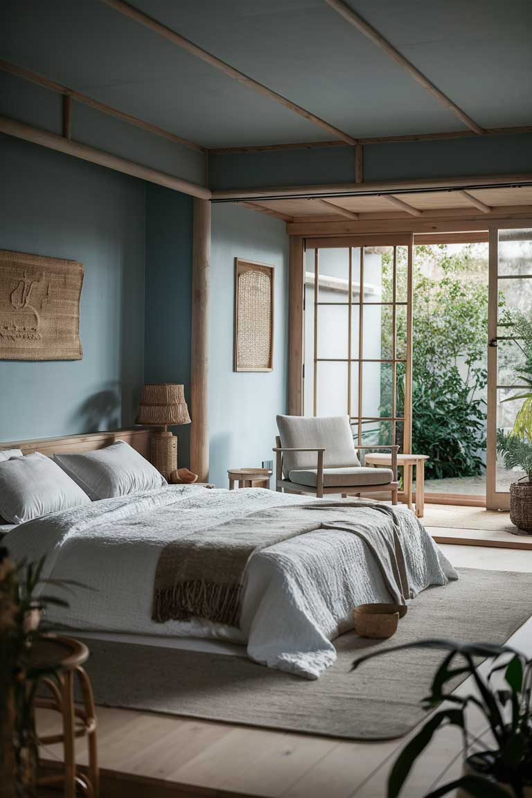 A serene Japandi bedroom with soft blue walls and natural wooden accents. Low-profile bed with minimalist white bedding, and woven rattan elements like a bedside lamp and wall art. Add large, floor-to-ceiling windows showcasing a tranquil garden view.