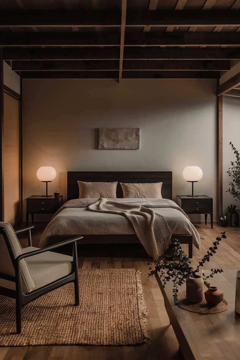 A Japandi bedroom featuring a dark wood bed frame and nightstands. In contrast, there's a light wood armchair in the corner, upholstered in a neutral beige fabric. The chair is paired with a small side table in a matching light wood.