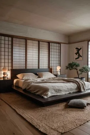 A serene Japandi bedroom with dark wood accents, blending minimalist Japanese and Scandinavian design. The centerpiece is a low-profile platform bed made of rich, dark walnut wood, adorned with soft, cream-colored linen bedding. A handcrafted shoji screen serves as a backdrop, allowing soft, natural light to filter through. On either side of the bed, sleek, dark oak nightstands hold minimalist ceramic lamps with soft, warm lighting. A simple woven jute rug covers the wooden floor, and a potted bonsai tree adds a touch of nature in the corner. The walls are smooth, matte white, with a single piece of abstract, black-and-white art hanging above the bed. The overall atmosphere is tranquil, with earthy tones and natural textures blending seamlessly.