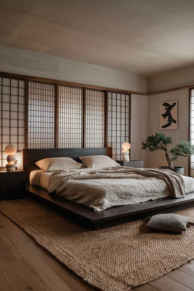 A serene Japandi bedroom with dark wood accents, blending minimalist Japanese and Scandinavian design. The centerpiece is a low-profile platform bed made of rich, dark walnut wood, adorned with soft, cream-colored linen bedding. A handcrafted shoji screen serves as a backdrop, allowing soft, natural light to filter through. On either side of the bed, sleek, dark oak nightstands hold minimalist ceramic lamps with soft, warm lighting. A simple woven jute rug covers the wooden floor, and a potted bonsai tree adds a touch of nature in the corner. The walls are smooth, matte white, with a single piece of abstract, black-and-white art hanging above the bed. The overall atmosphere is tranquil, with earthy tones and natural textures blending seamlessly.