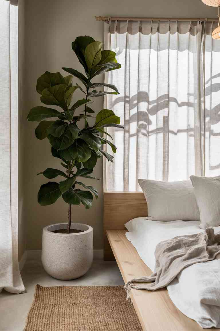 A corner of a Japandi-style bedroom featuring a large Fiddle Leaf Fig tree in a minimalist ceramic pot. The plant is positioned next to a low wooden platform bed with crisp white linens. Soft, natural light filters through sheer curtains, highlighting the plant's glossy leaves and casting gentle shadows on the light-colored walls.