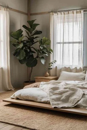 A serene Japandi-style bedroom with a large fiddle leaf fig tree in the corner, featuring a low wooden platform bed with crisp white linens, light gray walls, and natural wood accents. Soft morning light filters through sheer curtains, highlighting the plant's lush green leaves and casting gentle shadows on the minimalist decor.