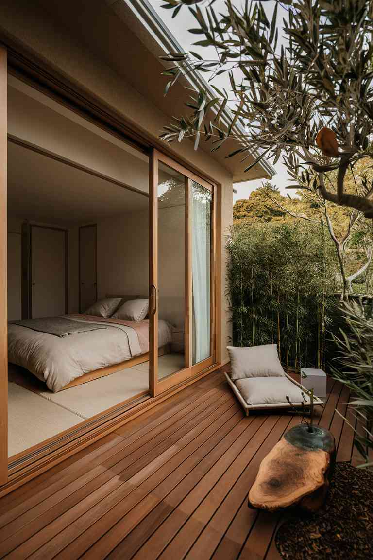 A Japandi bedroom with sliding glass doors opening onto a small balcony. Inside, a low platform bed faces the doors, allowing a view of the outdoor space. On the balcony, large ceramic planters hold an olive tree and several bamboo plants, creating a sense of privacy and connection to nature. The balcony flooring is warm-toned wood decking, matching the interior floors. A small, minimalist outdoor seating area is visible, featuring a low wooden chair and side table.