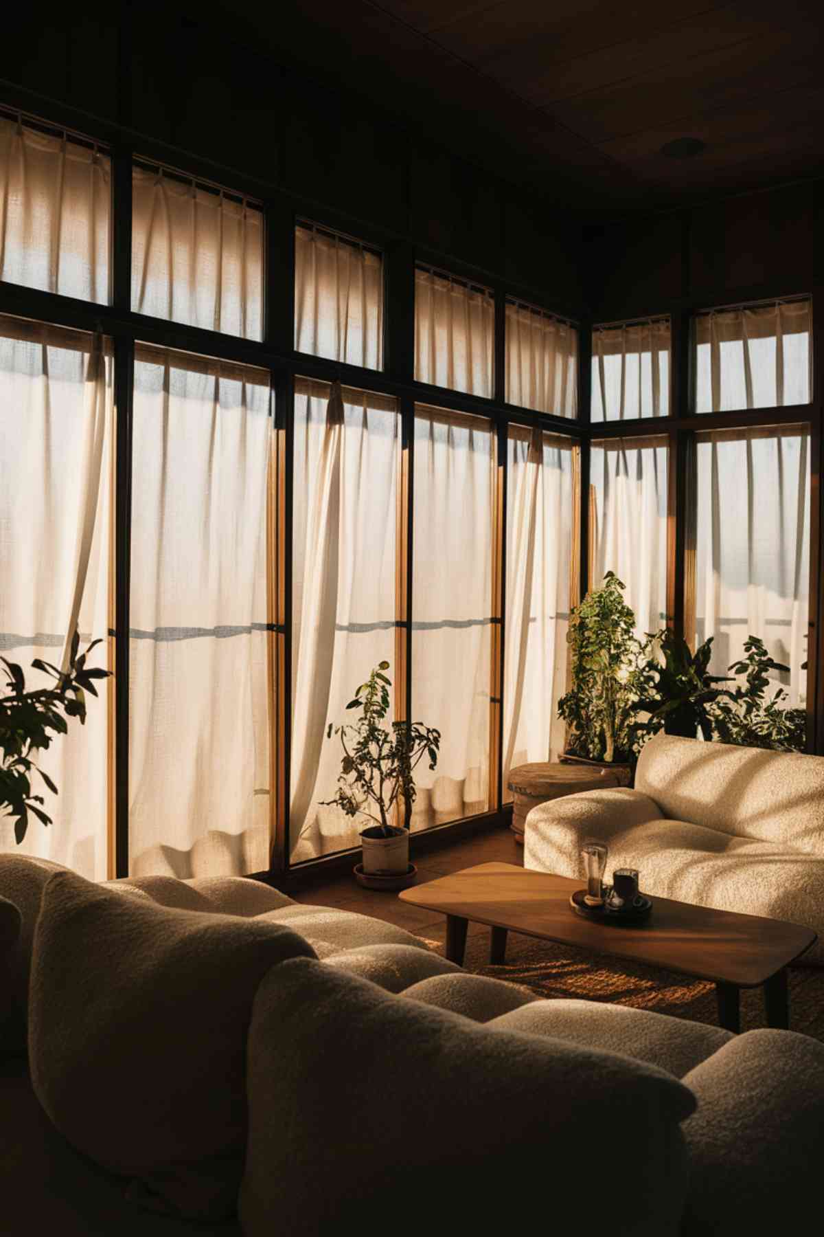 A Japandi living room with large floor-to-ceiling windows covered with sheer white curtains. The image captures how the soft, diffused natural light fills the space, highlighting the minimalist furniture and decor.