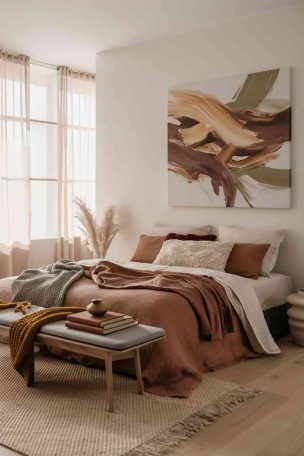 A serene minimalist bedroom showcasing a fall-inspired color palette. The bed is dressed in luxurious linen bedding in a warm terracotta color, with layers of pillows in complementary shades of cream and rust. Above the bed, a large-scale abstract artwork features sweeping brushstrokes in muted fall colors. A sleek wooden bench at the foot of the bed holds a textured throw in deep mustard yellow. Soft, diffused light fills the room, creating a cozy autumnal atmosphere.