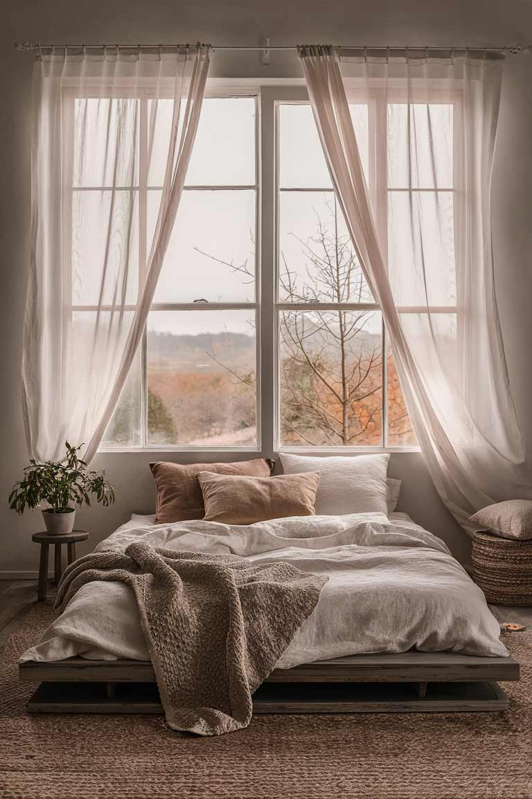 A serene bedroom scene with a low wooden bed placed directly under a large window. Sheer white curtains frame the window, softly filtering the morning light. The bed is dressed in simple white and beige linens, creating a calm and inviting atmosphere.