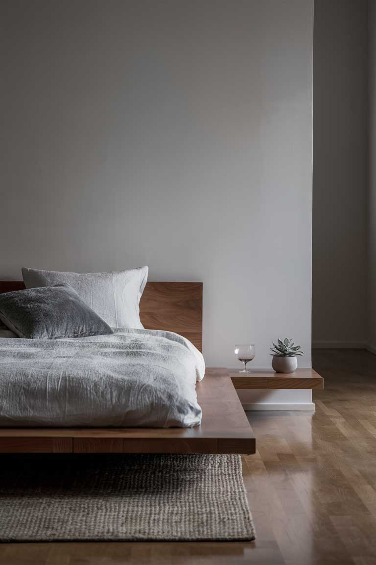 A minimalist bedroom featuring a low platform bed with a simple wooden frame. The bed is dressed in crisp white linens with a single grey throw pillow. A small floating shelf serves as a nightstand, holding only a glass of water and a small plant. The room feels spacious and uncluttered.