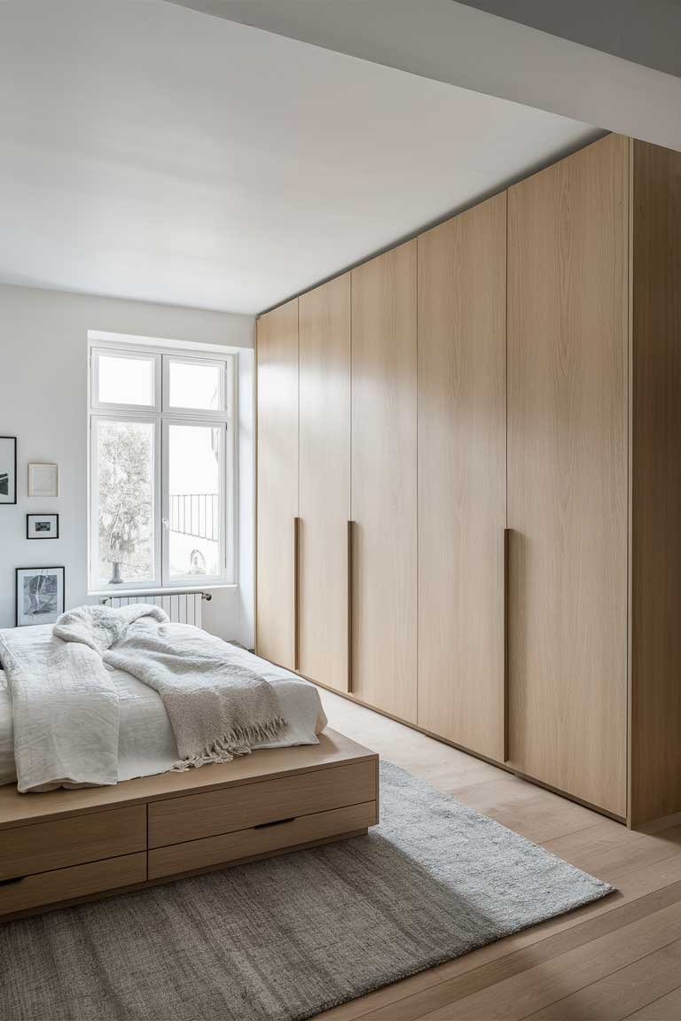 A full view of a small bedroom with a built-in wardrobe in light wood that spans one wall. The wardrobe doors are sleek and handleless, blending with the wall. Next to it is a low platform bed with built-in drawers underneath, maximizing storage in the compact space.